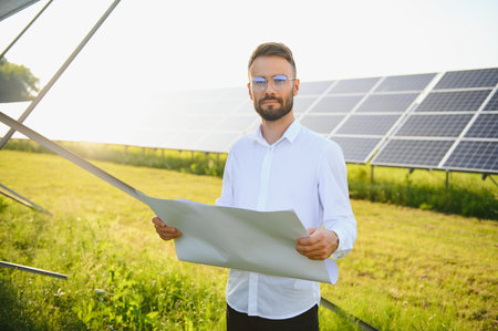 solar power plant. man standing near solar panels. Renewable energyの写真素材