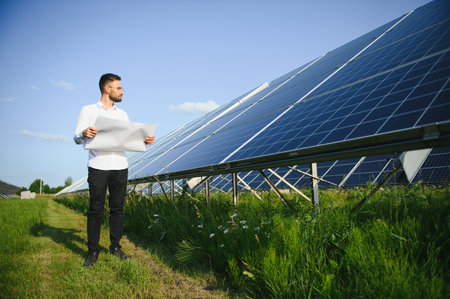 man in white shirt standing near photovoltaic panels on sunny day in countryside.