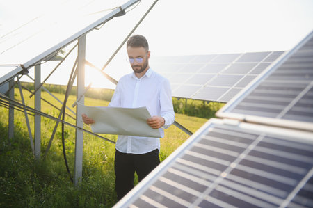 Young architect standing by solar panels.の写真素材