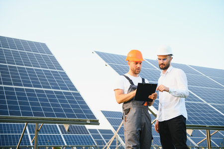 Two professional contractors discuss the final result of solar panel installation.