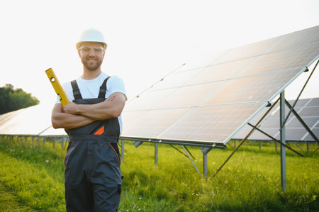 Male worker solar power plant on a background of photovoltaic panelsの写真素材