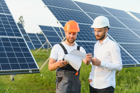 Project manager discuss with worker installation process of solar panel.の写真素材