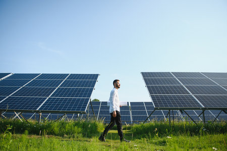 man in white shirt standing near photovoltaic panels on sunny day in countryside.の写真素材