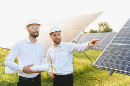 engineer and businessman planning new ecology project. solar panel