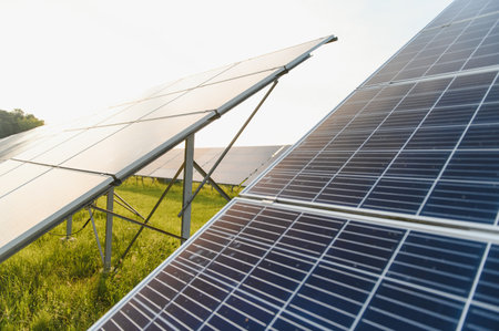 Solar panels and blue sky. Solar panels system power generators from sun. Clean technology for a...