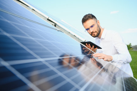 The portrait of a young engineer checks with tablet operation with sun, cleanliness on field of...