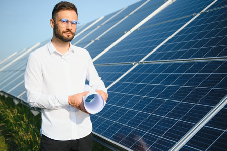 solar power plant. Engineer on a background of photovoltaic panels. science solar energy.