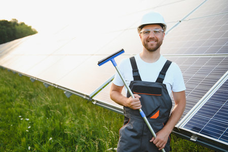 Worker cleaning solar panels after installation outdoors
