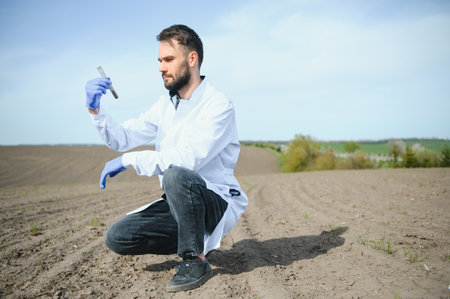 Agronomist studying samples of soil in the field.
