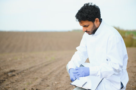 Soil test. Indian Agronomist putting soil with garden shovel in soil sample bag outdoor. environmental research.の写真素材