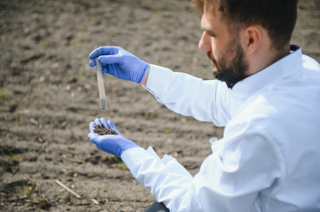 Soil testing. Agronomy Specialist taking soil sample for fertility analysis. Hands in gloves close up. Environmental protection, organic soil certification, field work, researchの写真素材