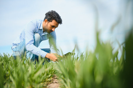 Portrait of young Indian Farmer wearing formal dress in green paddy fieldの写真素材