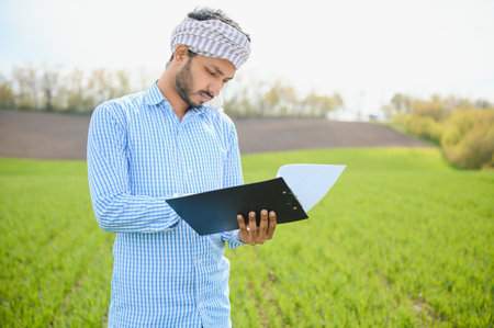 Portrait of a farmer standing in a wheat field. farmer stands in green wheat field, looks, examines his crop.の写真素材