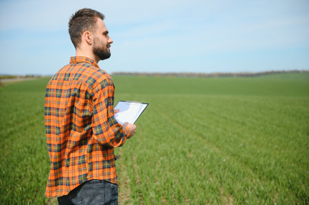 A young farmer inspects the quality of wheat sprouts in the field. The concept of agriculture