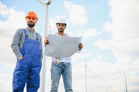 two asian engineers male checking wind turbines. Renewable energy technology and sustainability. Alternative energy for the futureの写真素材