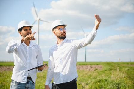 Young maintenance engineer team working in wind turbine farmの写真素材
