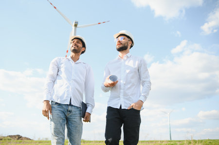 indian and european male engineers working on wind farm with windmills