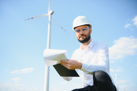 Engineer working at alternative renewable wind energy farm - Sustainable energy industry concept.の写真素材