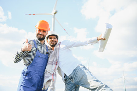 Young maintenance engineer team working in wind turbine farmの写真素材