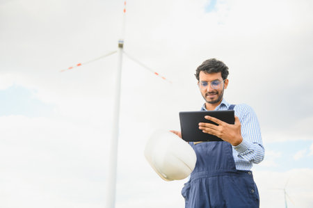 India engineer at windmill farm operation to generate electricity, Asian man working at wind turbine...