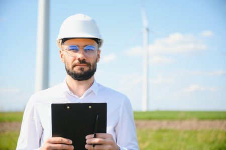 Engineer in field checking on turbine production.