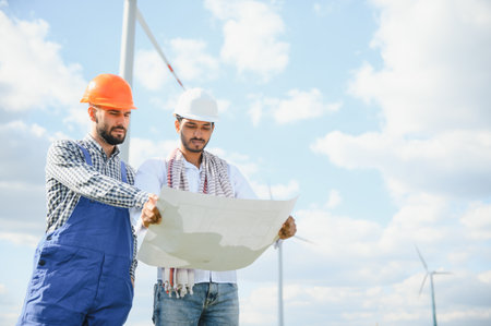 A team of male engineers working together at wind turbine generator farmの写真素材