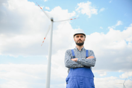 Engineer in field checking on turbine production.の写真素材