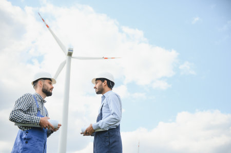 A team of male engineers working together at wind turbine generator farmの写真素材