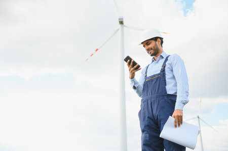 Windmill engineer inspection and progress check wind turbine.の写真素材