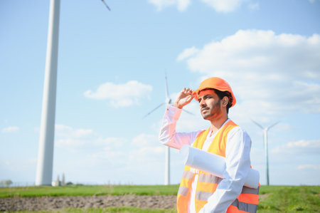 Indian Engineer in wheat field checking on turbine production.