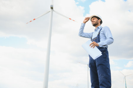 Windmill engineer inspection and progress check wind turbine.の写真素材