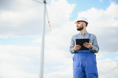 Engineer working at alternative renewable wind energy farm - Sustainable energy industry concept.の写真素材