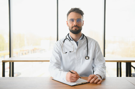 Young doctor sitting in his office behind a desk.
