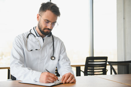 Young doctor sitting in his office behind a desk.の写真素材