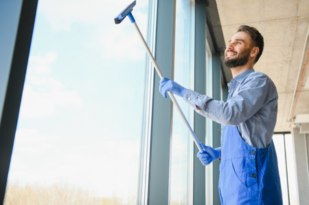 Male janitor cleaning window in office.