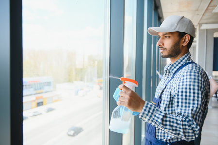 Young indian man washing window in officeの写真素材