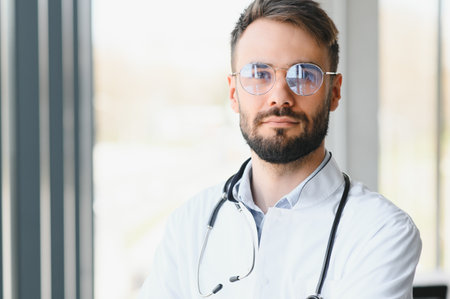 Portrait of young male doctor with stethoscope, close up.