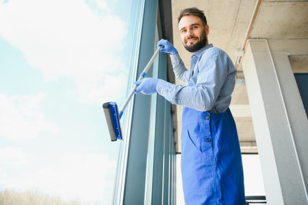 Male janitor cleaning window in office.