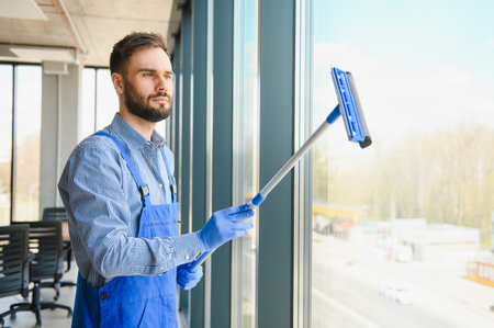Young man cleaning window in office.の写真素材