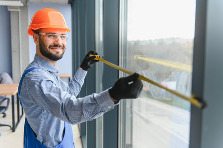 Worker installing plastic window indoors