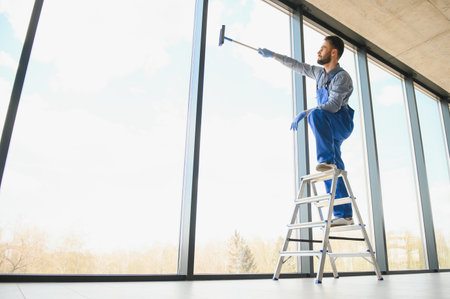 Male worker washing window glass