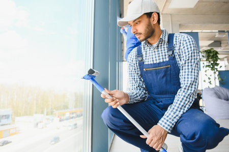 Male janitor cleaning window in office.