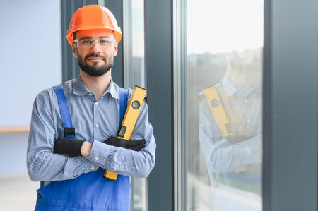 Worker installing plastic window indoors