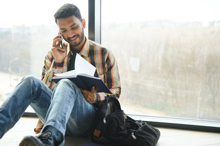 Handsome young Indian boy student with books and backpack at university. education concept.