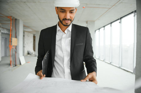Indian construction site manager standing wearing helmet, thinking at construction site. Portrait of mixed race manual worker or architectの写真素材