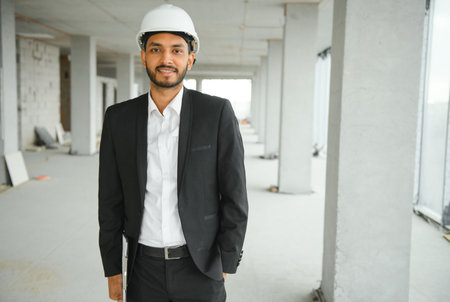 Asian Engineer standing on site construction posting confident , Engineer construction happy job...