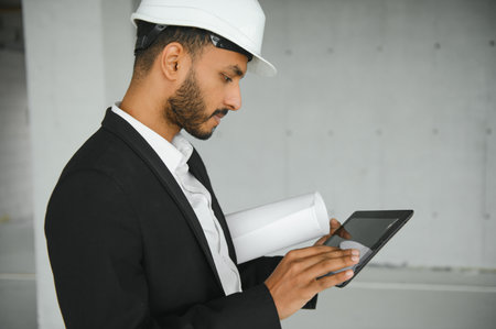 Confident asian engineer man Using tablet for checking and maintenance to inspection at modern home building construction. Architect working with white safety helmet in construction siteの写真素材