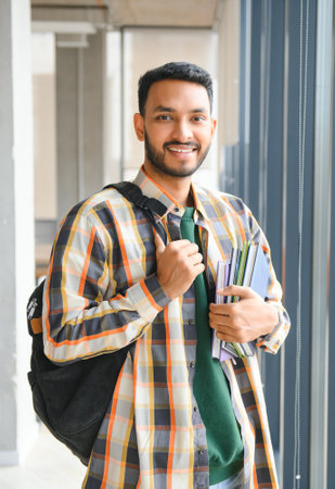 Handsome young Indian boy student with books and backpack at university. education concept.の写真素材