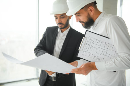 Construction concept of Engineer and Architect working at Construction Site with blue printの写真素材
