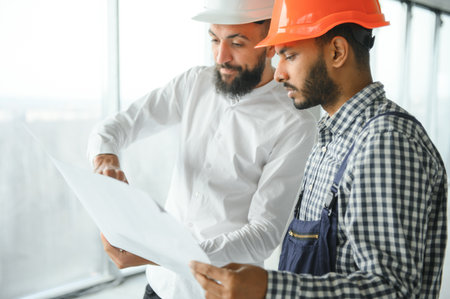 Indian and Arabian engineers. Contractor and architect talking about working on big project....